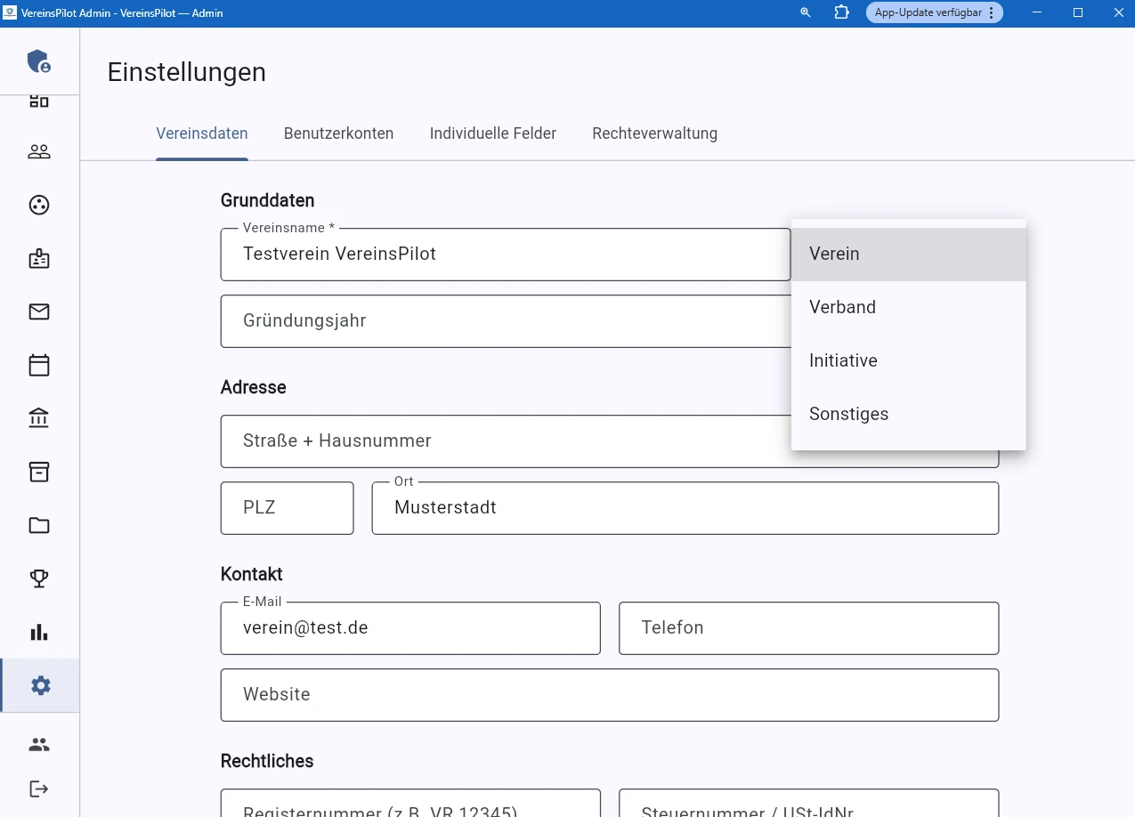 Vereinseinstellungen und Rechteverwaltung