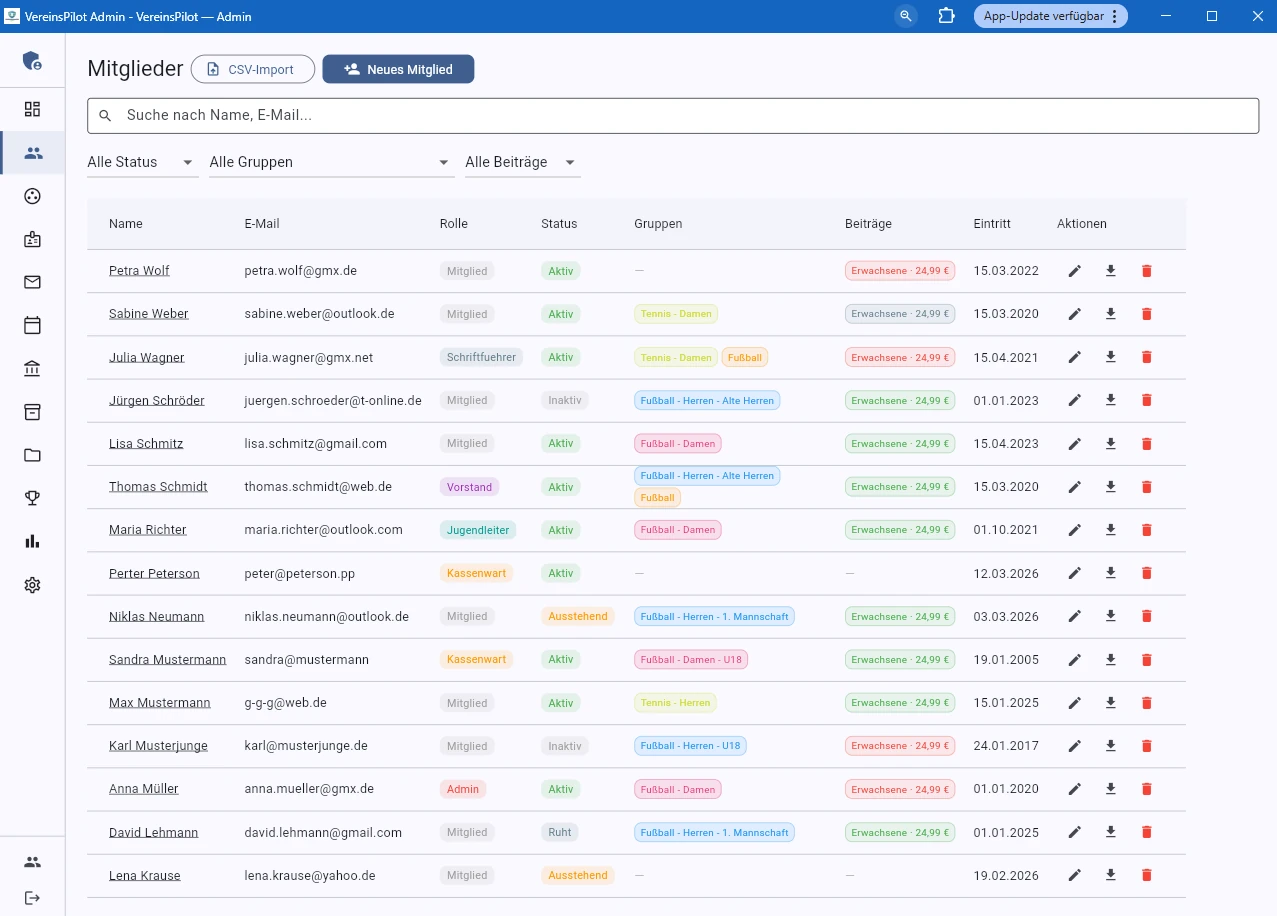 Mitgliederverwaltung: Tabellarische &Uuml;bersicht mit Status, Rollen und Gruppen
