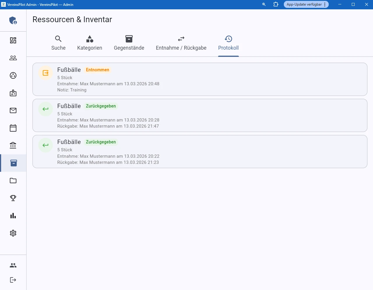 Inventar mit Entnahme-/R&uuml;ckgabe-Protokoll