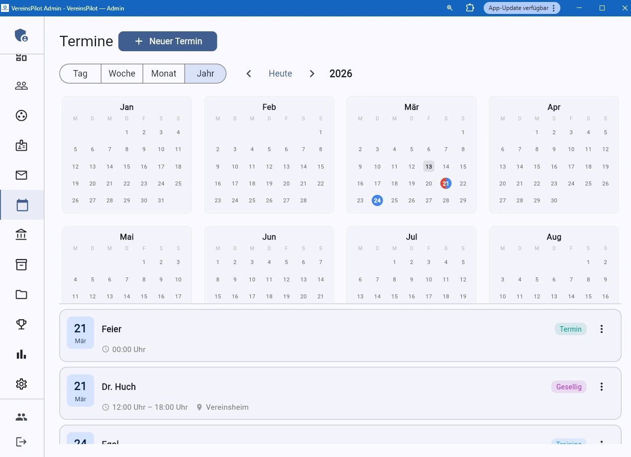 Jahreskalender mit farbcodierten Terminen