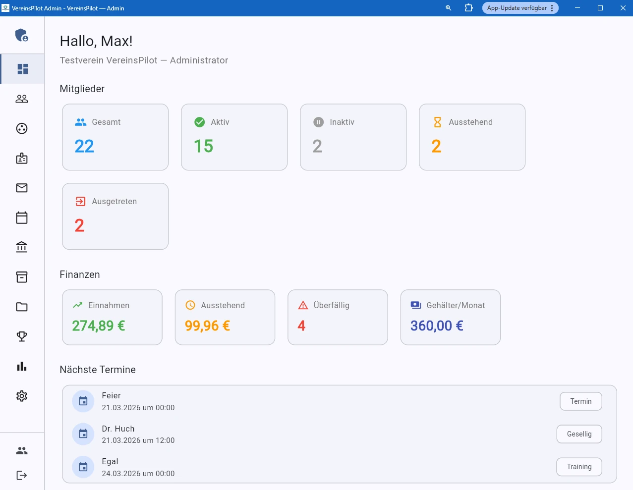 Admin-Portal Dashboard mit Statistikkarten und Terminen