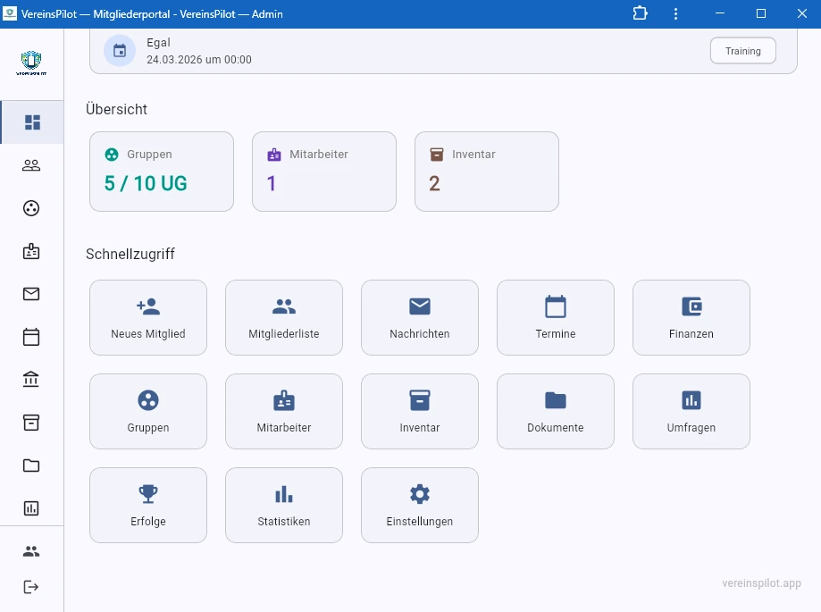 Dashboard mit Gruppen, Mitarbeiter, Inventar und Modulzugriff