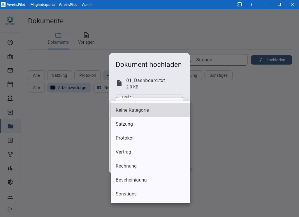 Upload-Dialog mit Datei, Kategorie und Unterordner