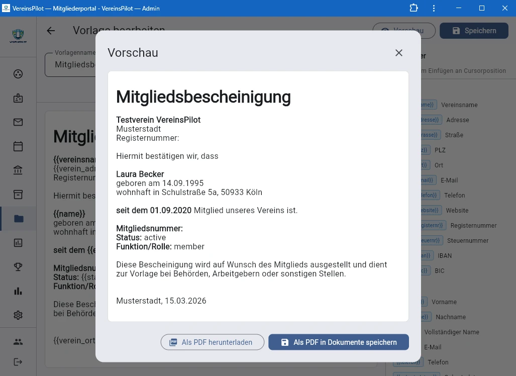 Vorschau mit eingesetzten Mitgliederdaten