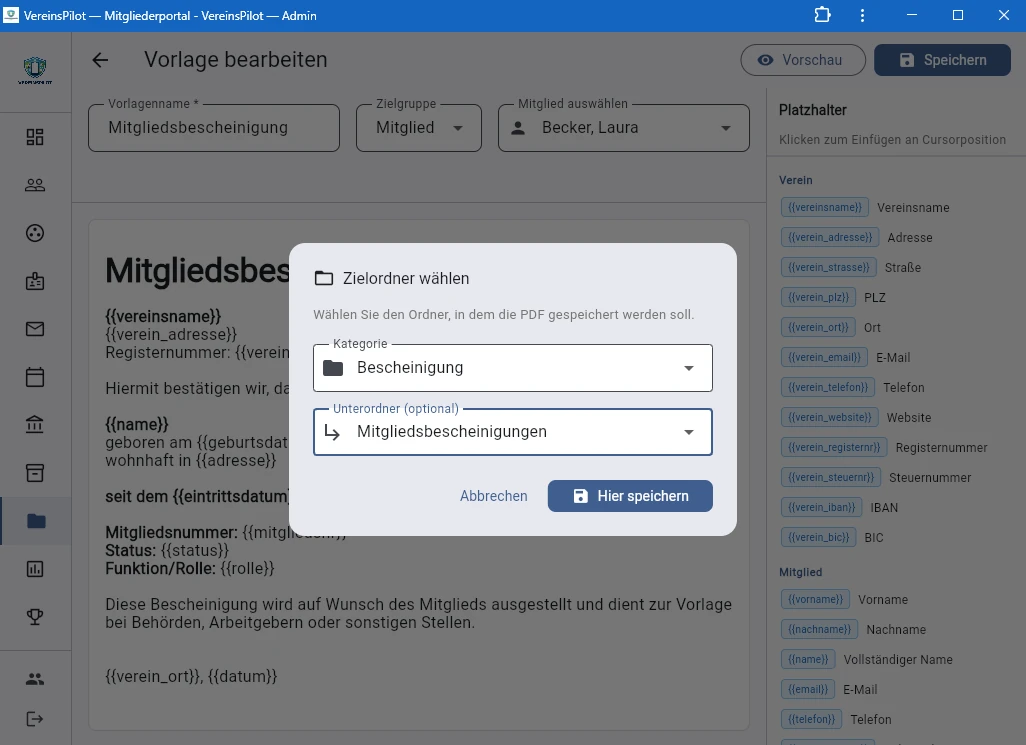 Zielordner-Auswahl beim Speichern