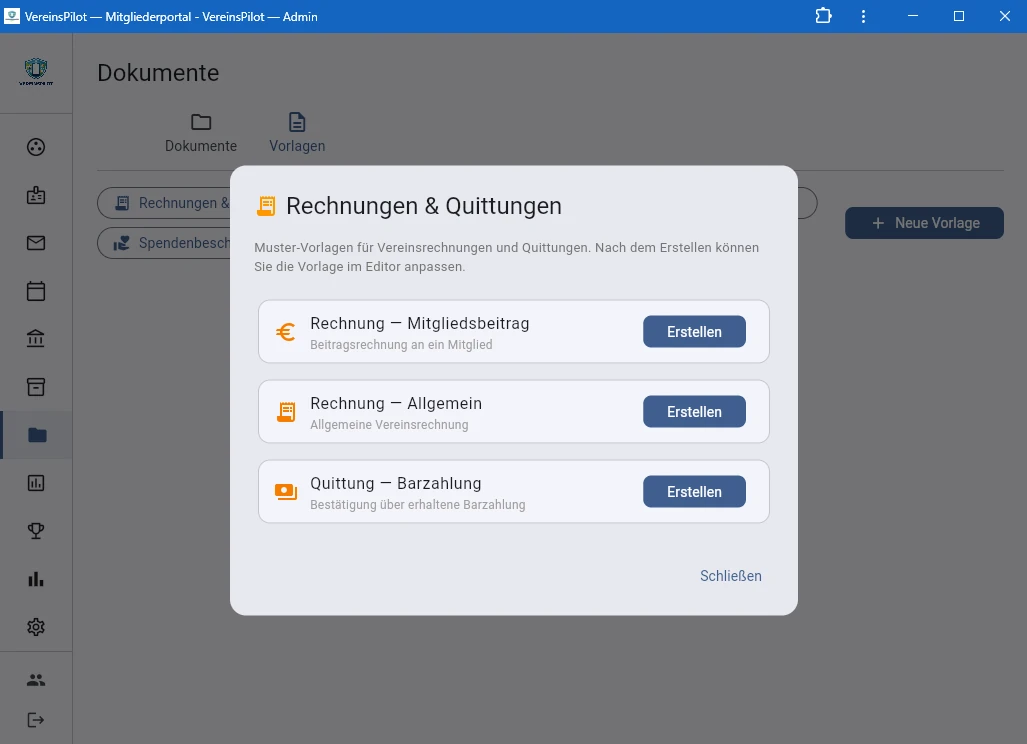 Rechnungs-Dialog mit drei Vorlagen