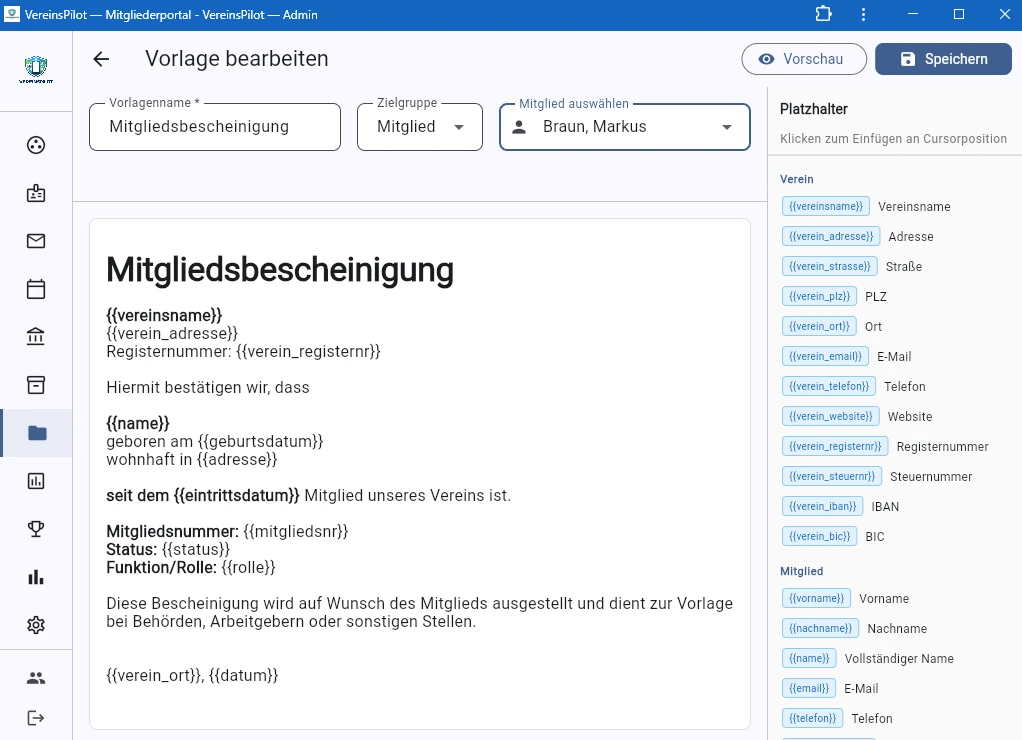 Vorlageneditor mit Platzhaltern