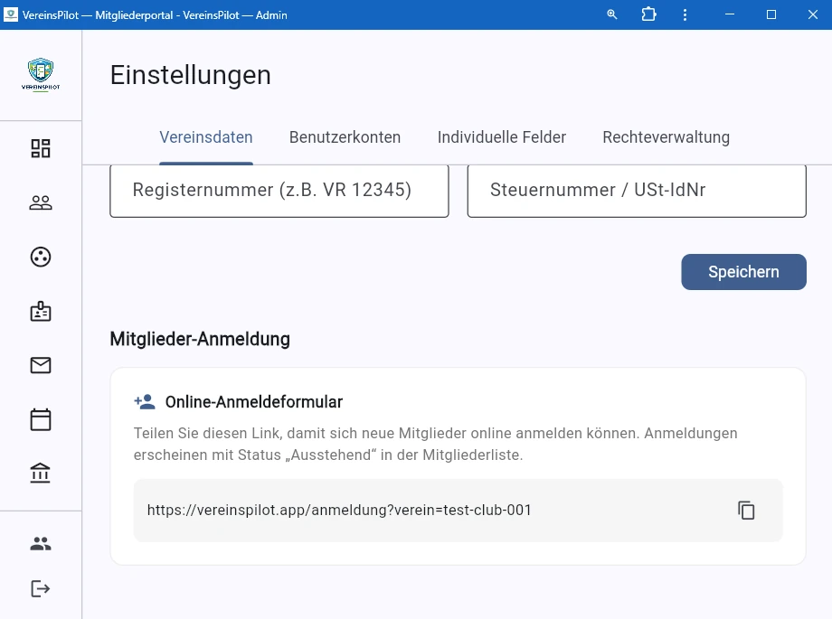 Anmeldelink in den Einstellungen