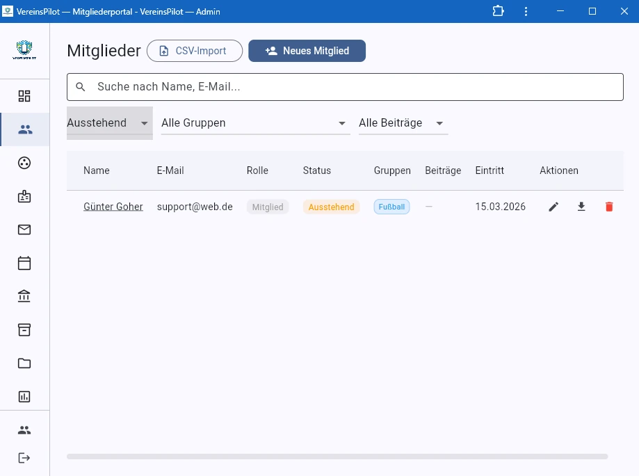 Filter nach Ausstehend f&uuml;r neue Anmeldungen