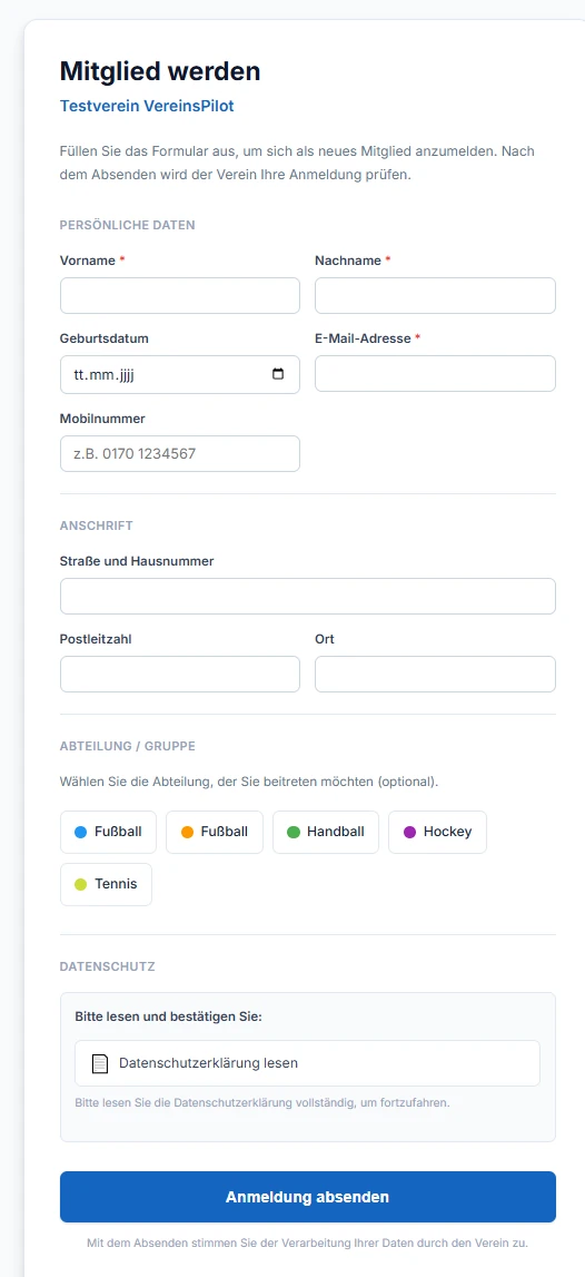 &Ouml;ffentliches Anmeldeformular mit Datenfeldern
