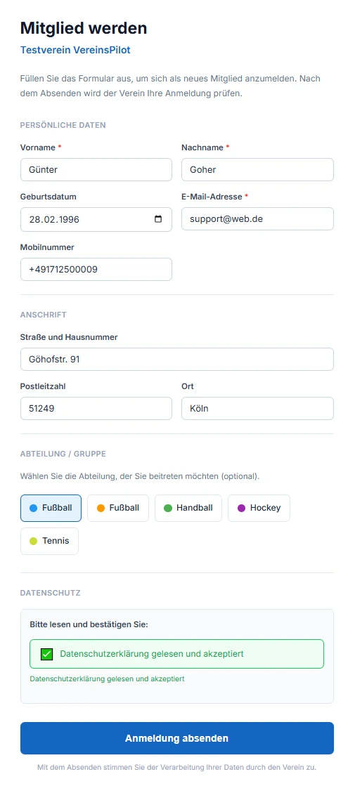 Ausgef&uuml;lltes Formular mit best&auml;tigter Datenschutzerkl&auml;rung