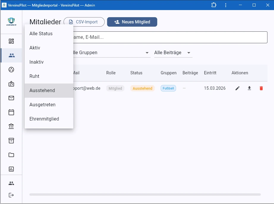 Neues Mitglied mit Status Ausstehend in der Liste