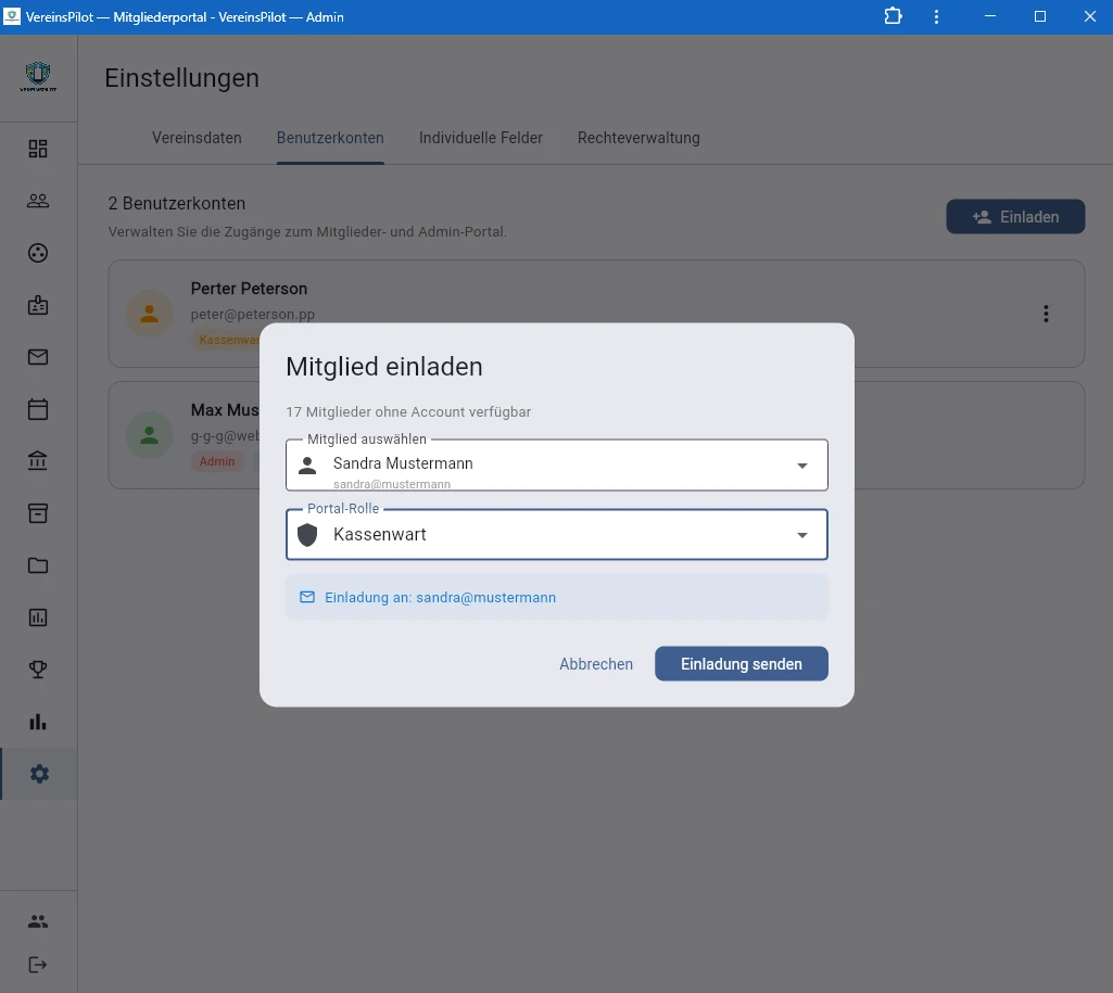 Einladung per E-Mail mit Rollenzuweisung