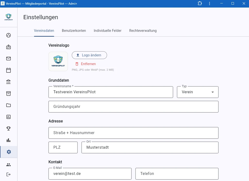 Vereinsdaten mit Logo, Name und Adresse