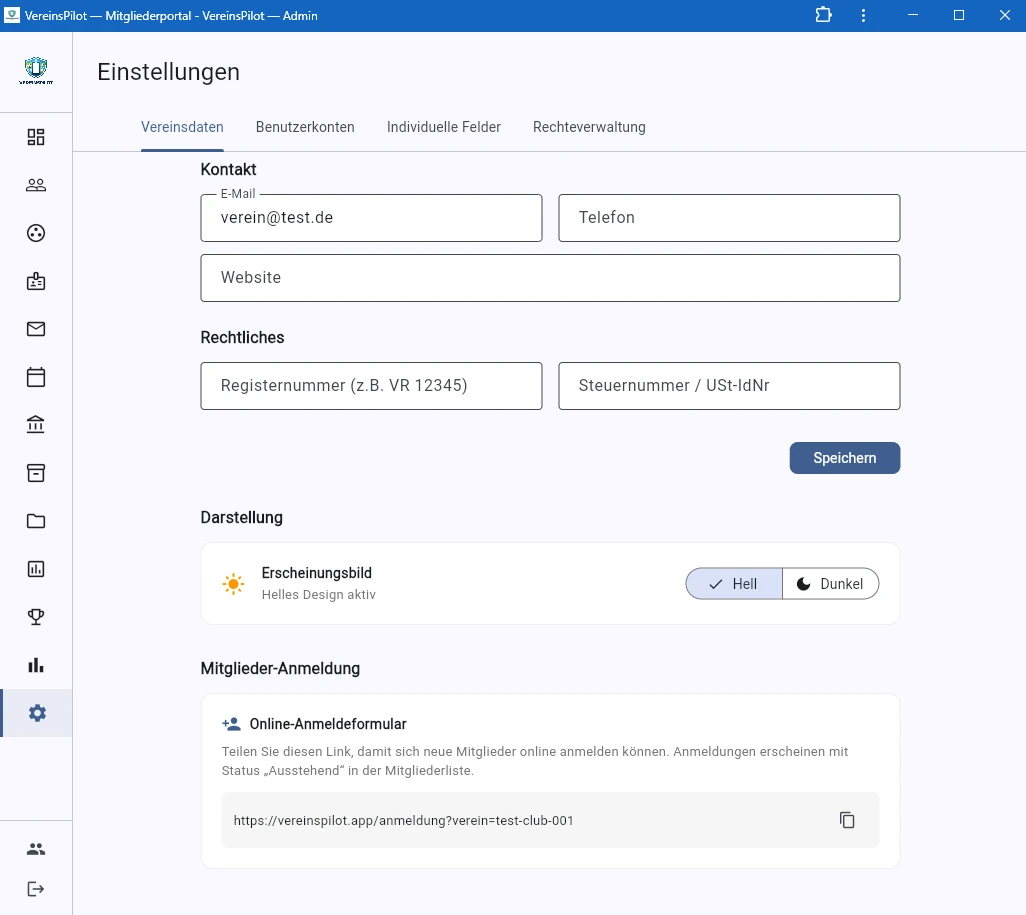 Rechtliche Daten und Anmeldelink