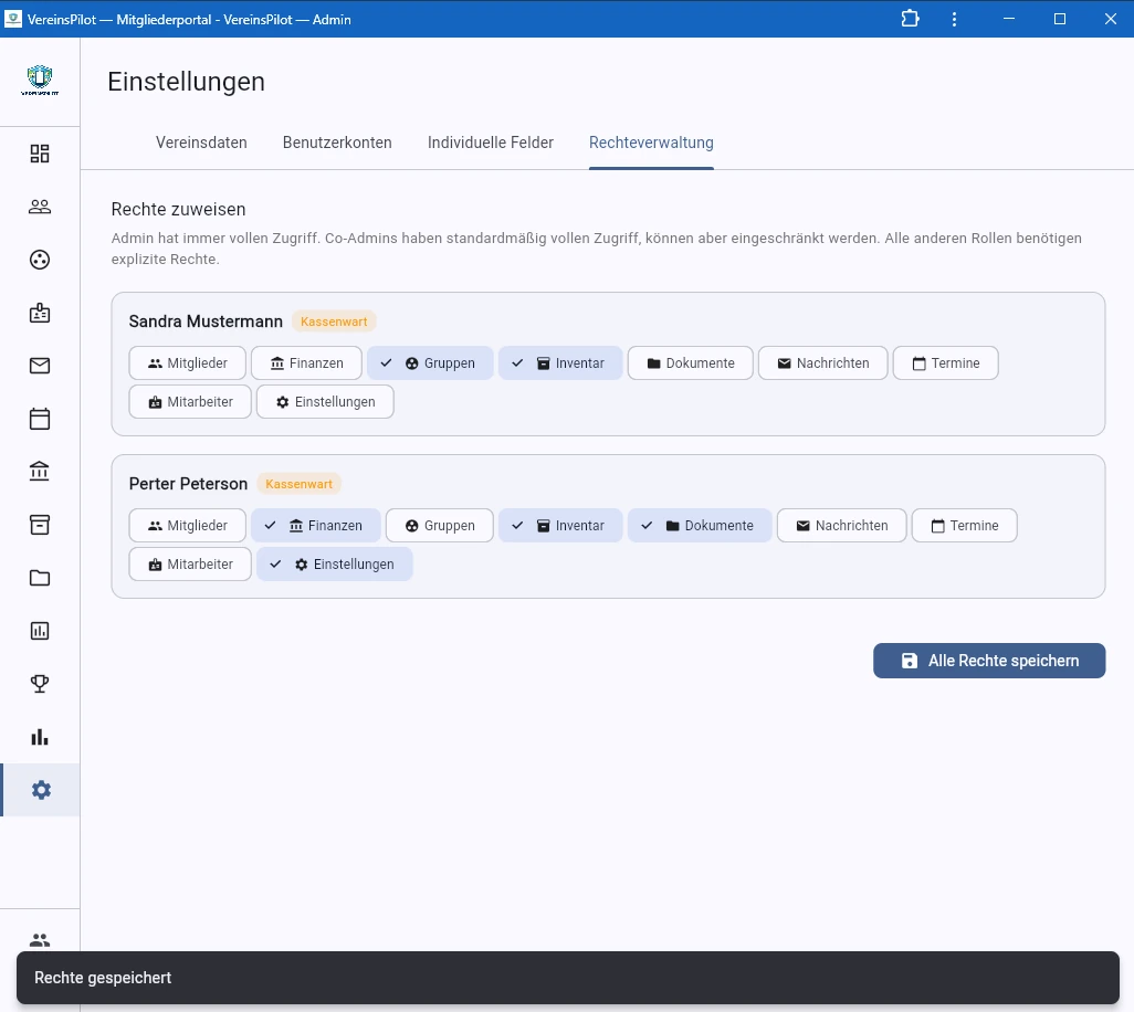 Best&auml;tigung nach Speichern der Rechte