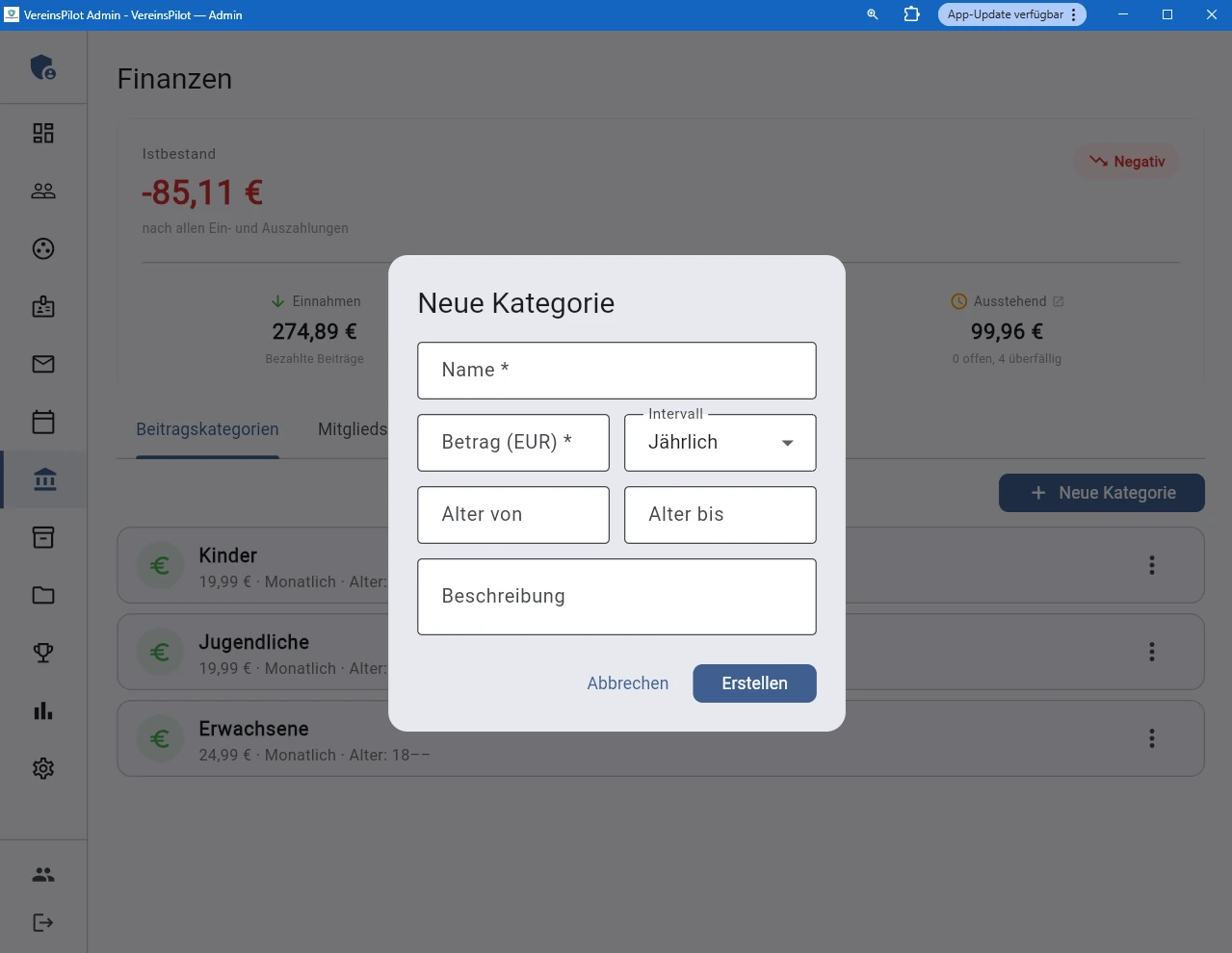 Neue Beitragskategorie erstellen mit Name, Betrag, Intervall und Altersbereich