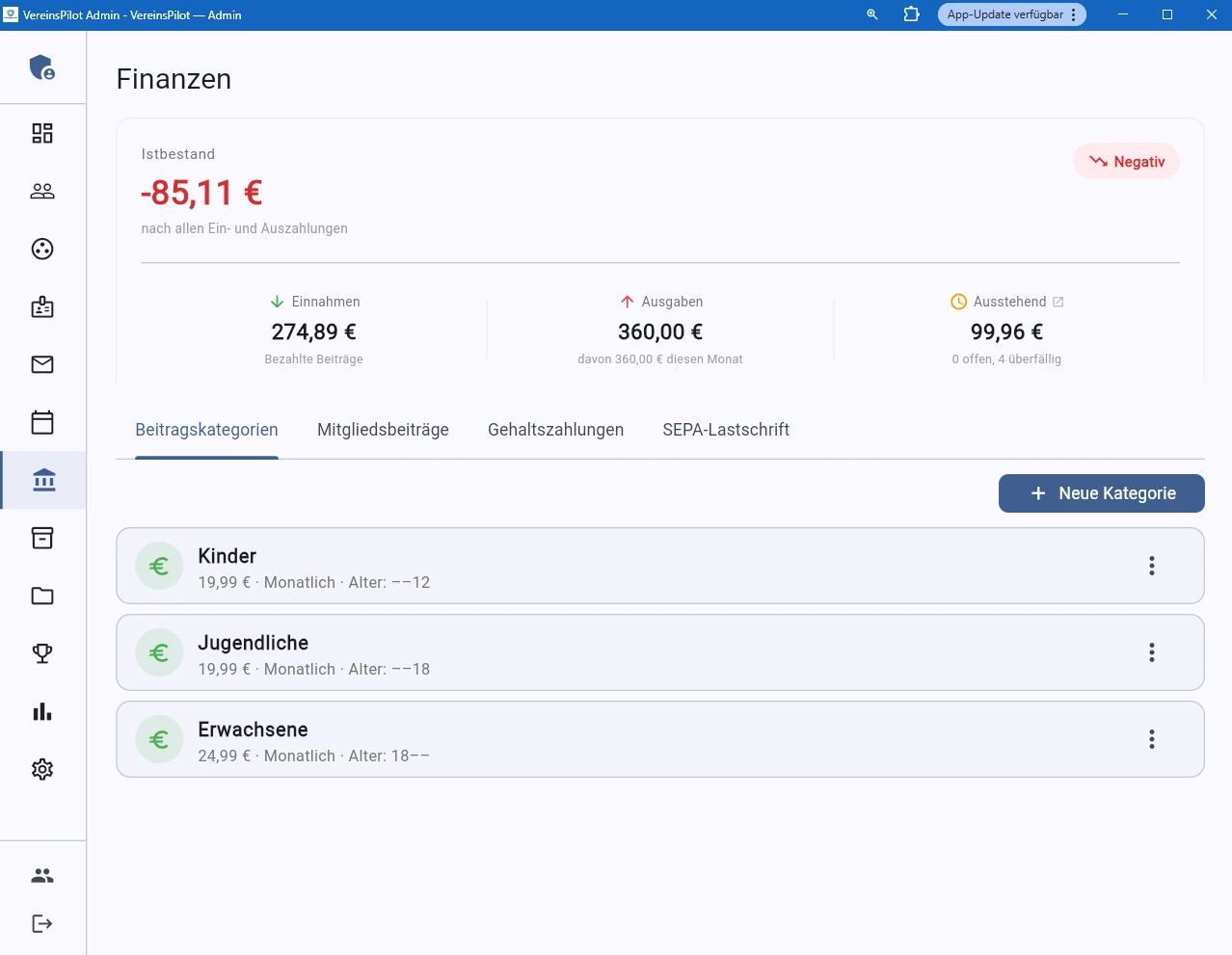 Finanz&uuml;bersicht mit Istbestand, Einnahmen, Ausgaben und Beitragskategorien