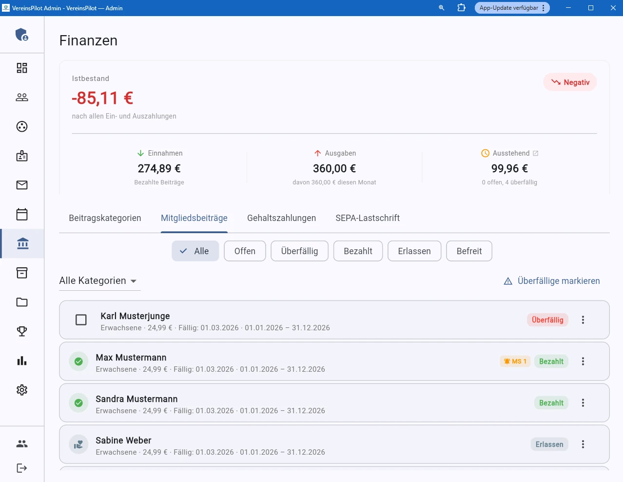 Mitgliedsbeitr&auml;ge mit Statusfilter und Kategoriefilter