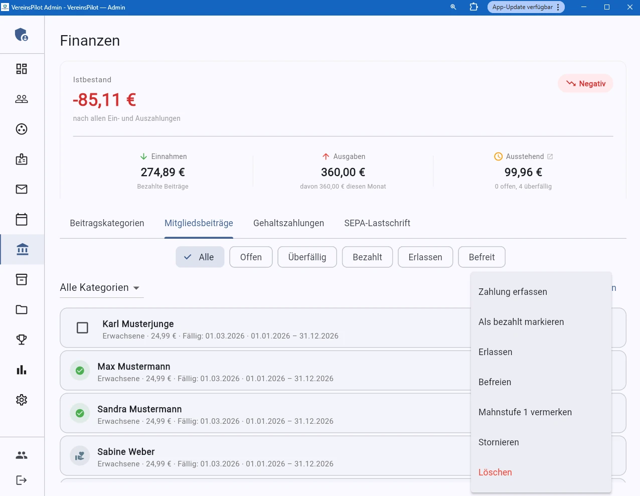 Kontextmen&uuml; mit Beitragsaktionen