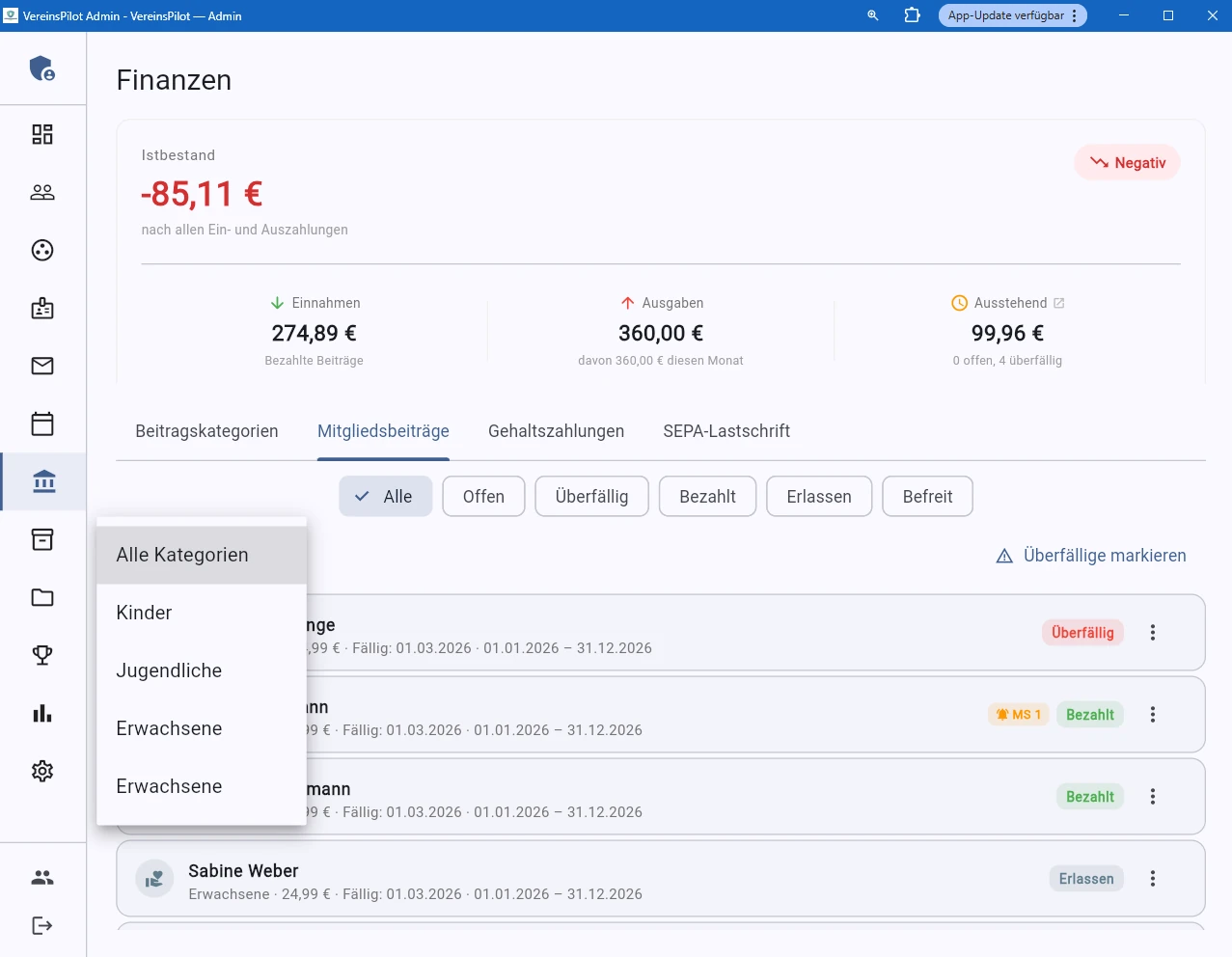 Kategoriefilter-Dropdown f&uuml;r Mitgliedsbeitr&auml;ge