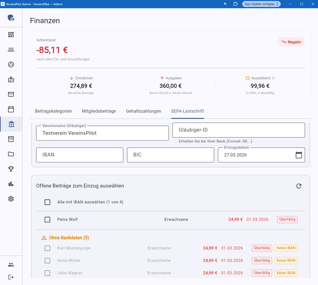 SEPA-Lastschrift mit Bankdaten-Status