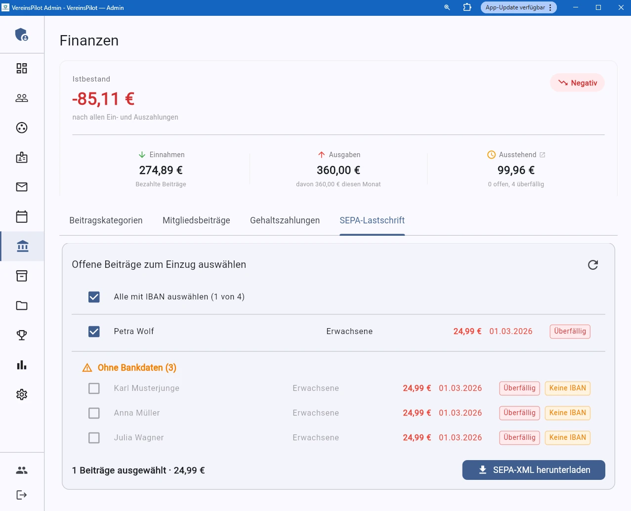 SEPA-XML-Download f&uuml;r ausgew&auml;hlte Beitr&auml;ge