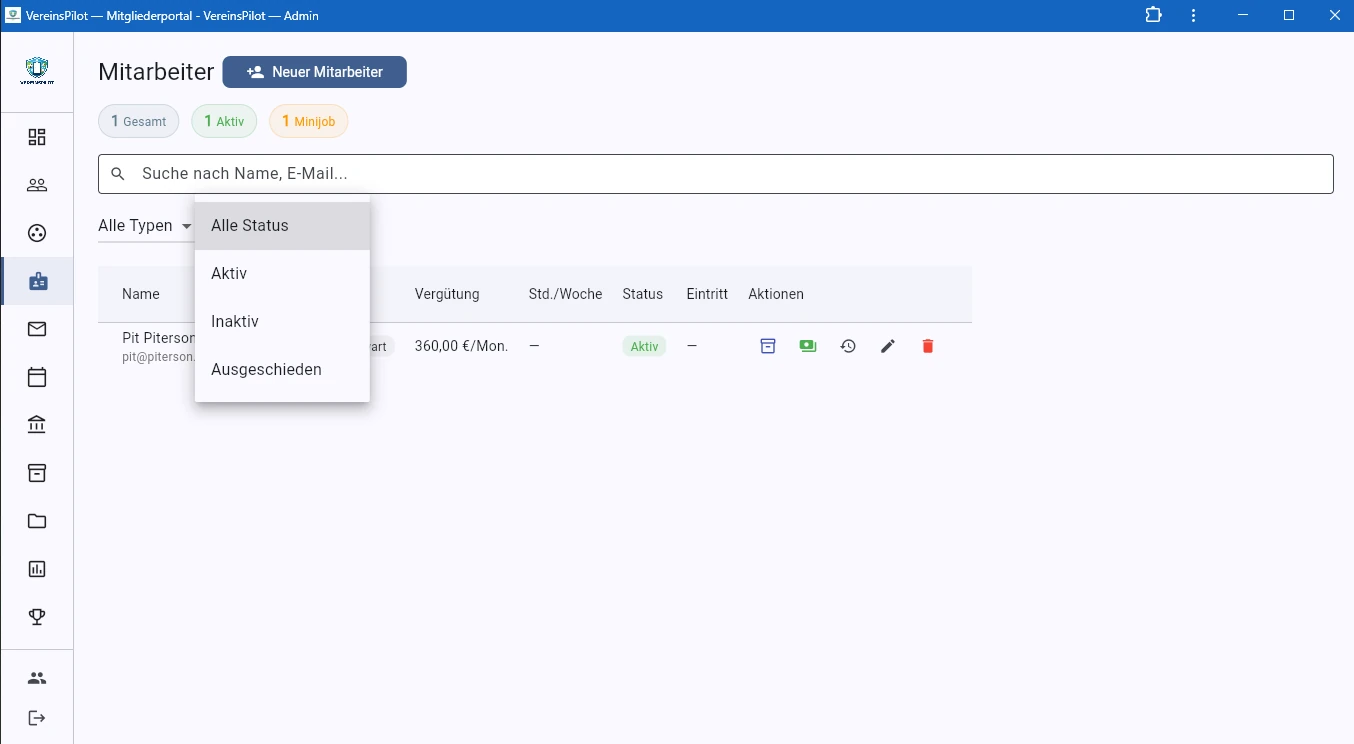 Status-Filter mit Aktiv, Inaktiv und Ausgeschieden