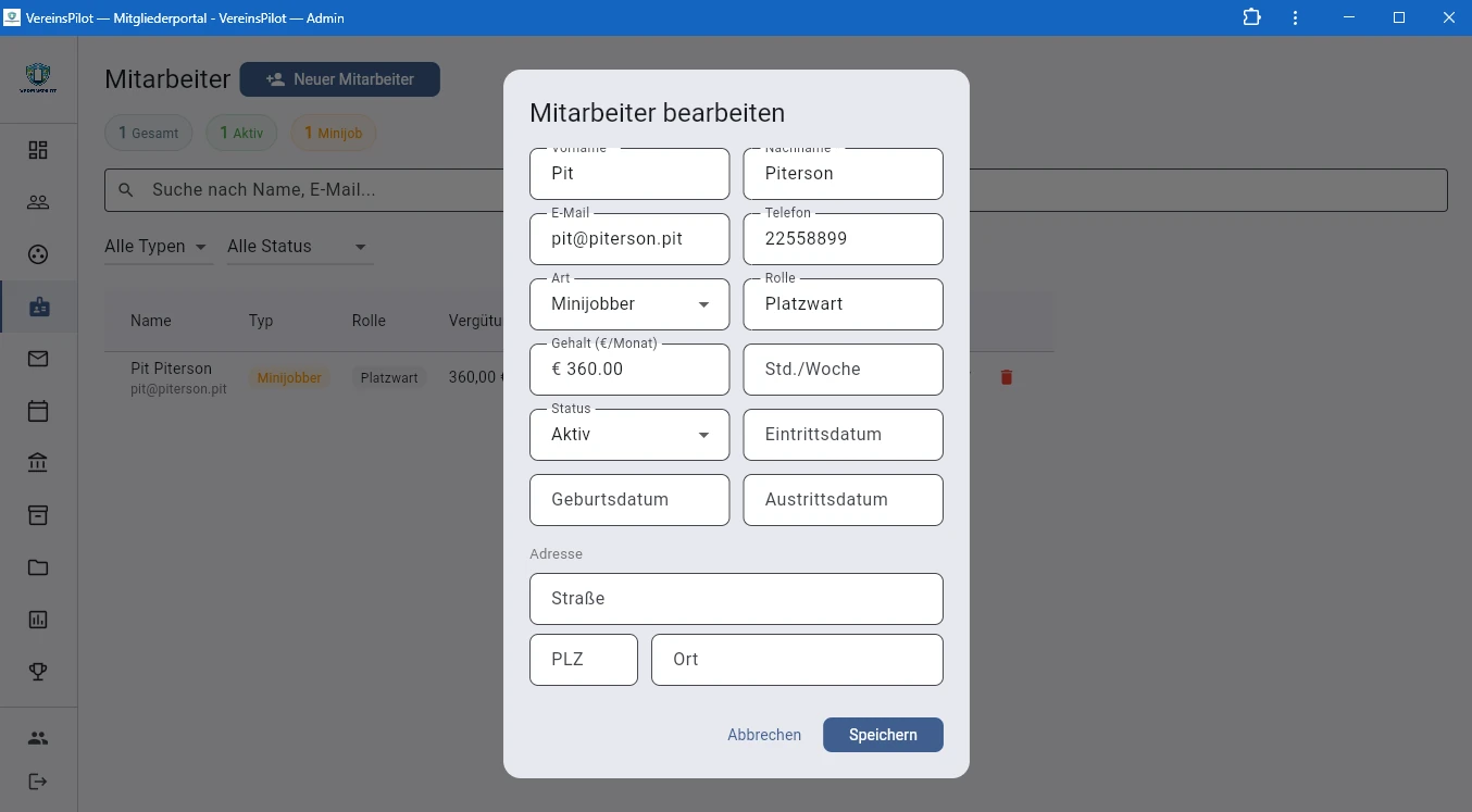 Mitarbeiter bearbeiten Dialog mit allen Stammdaten