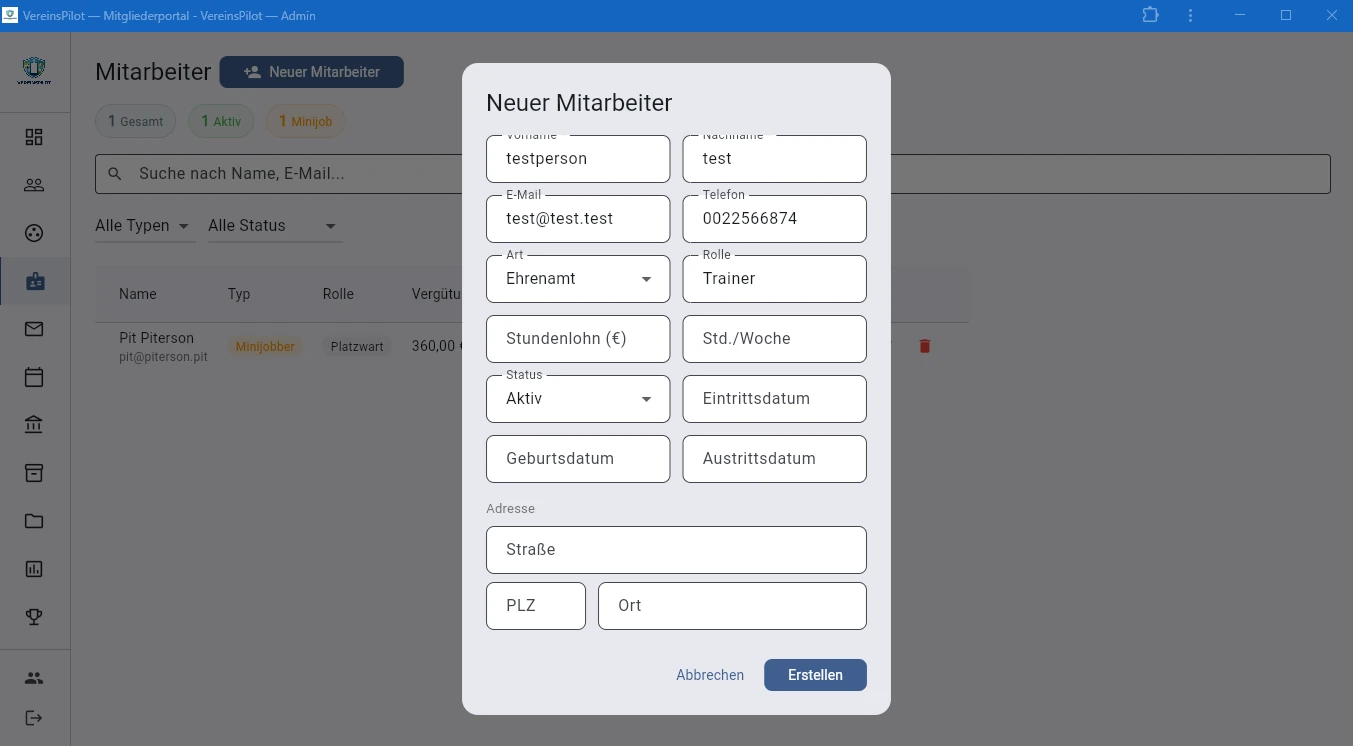 Neuer Mitarbeiter anlegen mit ausgef&uuml;lltem Formular