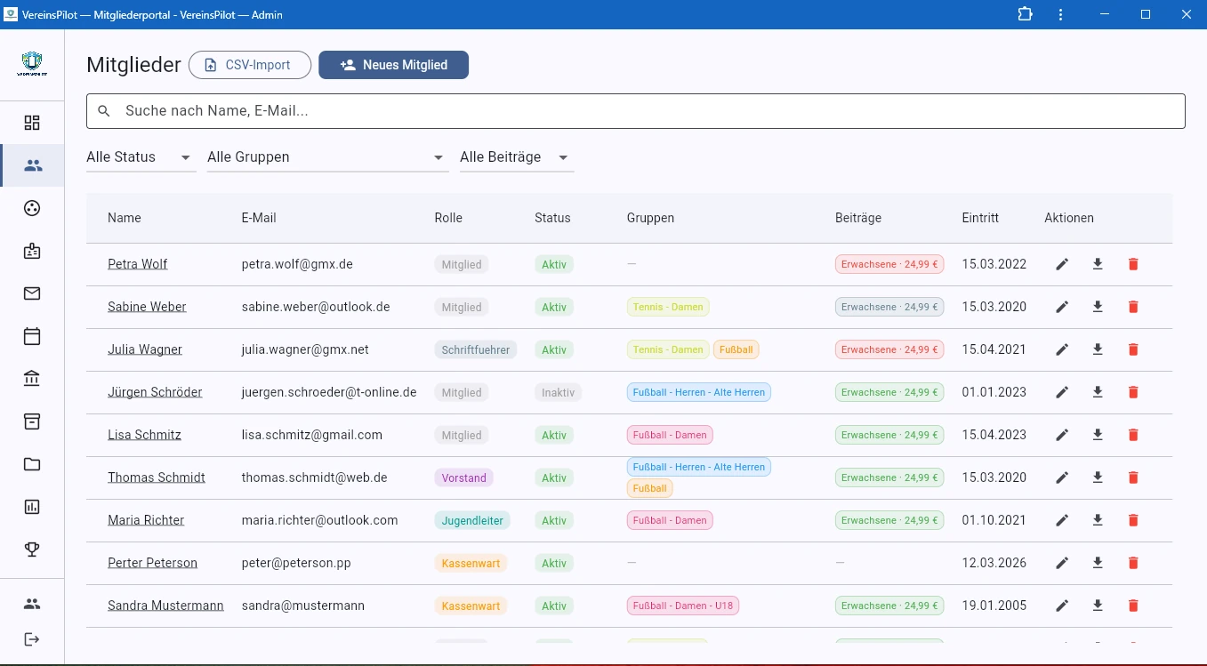 Mitglieder&uuml;bersicht mit Tabelle, Filtern und Aktionen