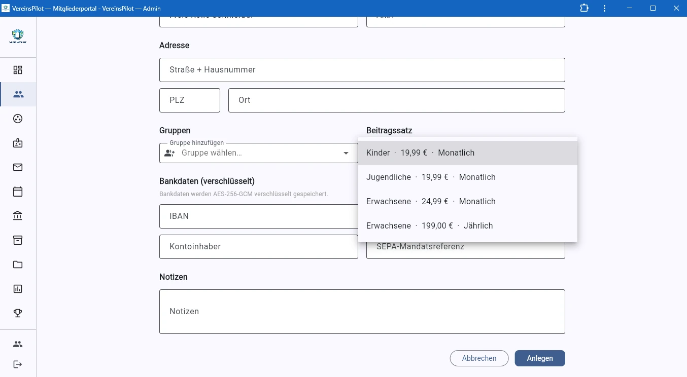 Beitragskategorie-Dropdown mit Kinder, Jugendliche, Erwachsene
