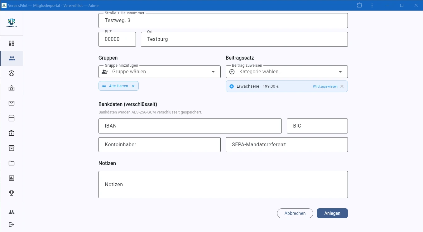 Fertiges Formular mit Gruppe und Beitrag bereit zum Speichern
