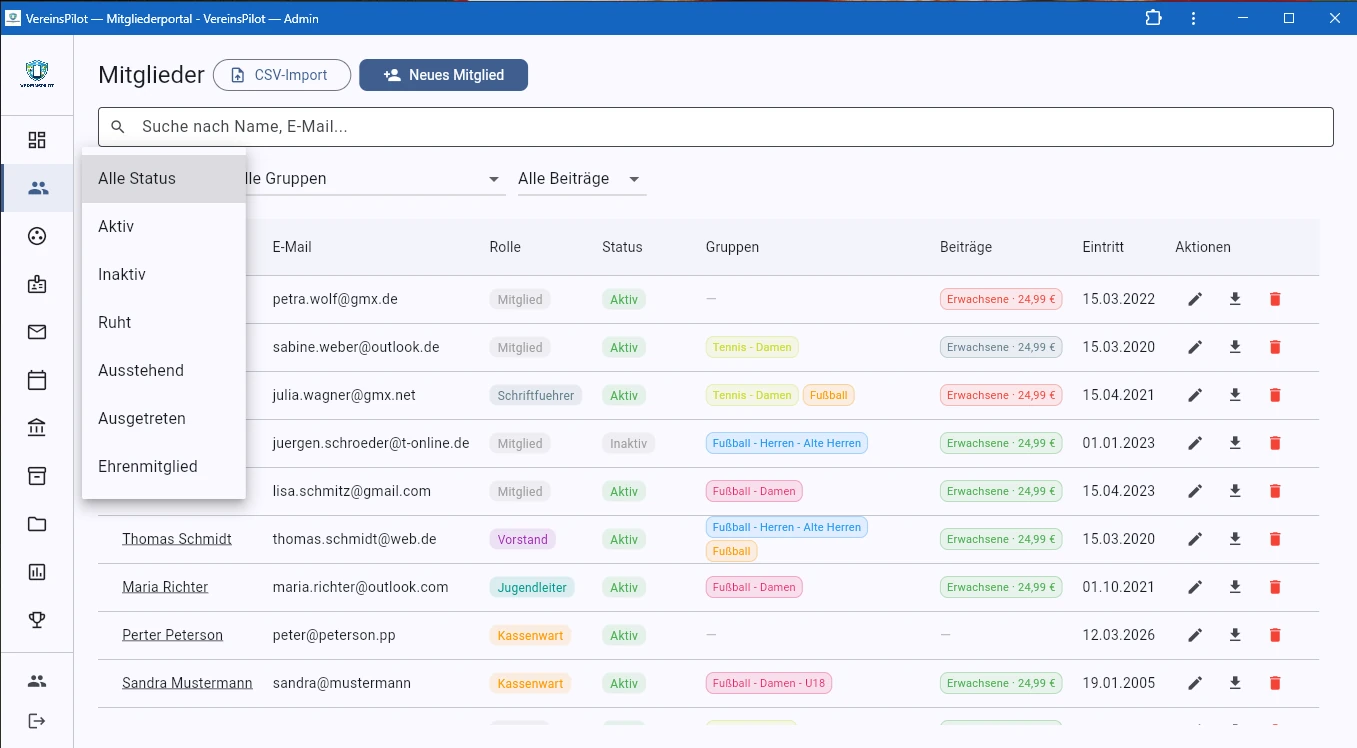 Status-Filter mit Aktiv, Inaktiv, Ruht, Ausstehend, Ausgetreten, Ehrenmitglied
