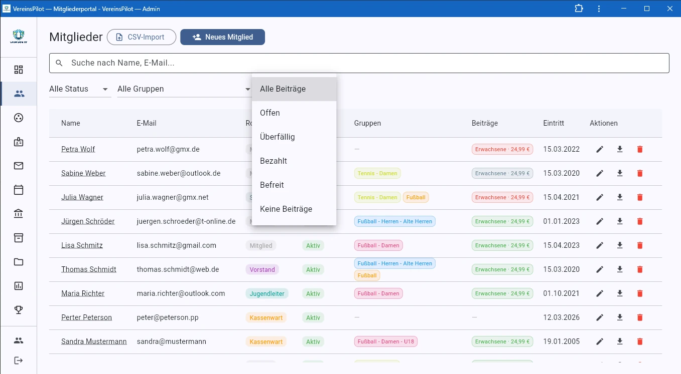 Beitrags-Filter mit Offen, &Uuml;berf&auml;llig, Bezahlt, Befreit, Keine Beitr&auml;ge