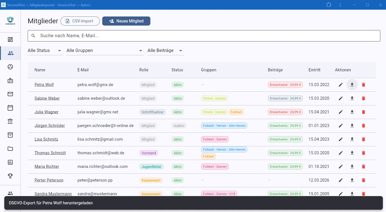 DSGVO-Export f&uuml;r ein Mitglied wird heruntergeladen
