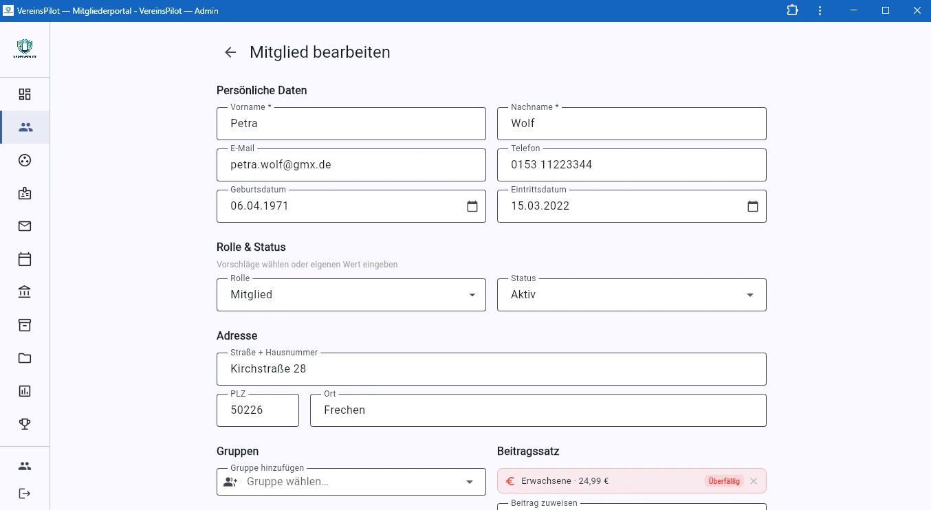 Mitglied bearbeiten: Pers&ouml;nliche Daten, Rolle, Status, Adresse