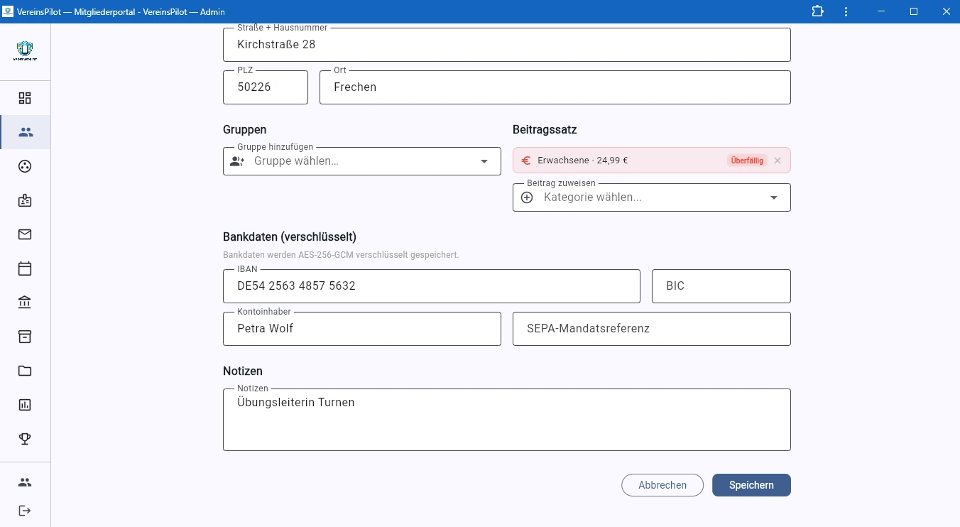 Unterer Teil des Formulars: Gruppen, Beitragssatz, Bankdaten, Notizen