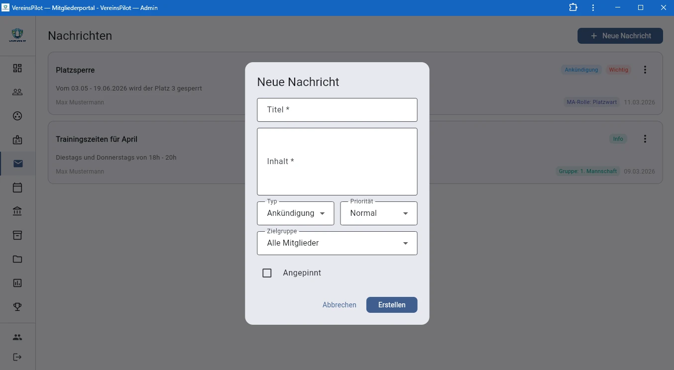 Neue Nachricht erstellen Dialog mit allen Feldern