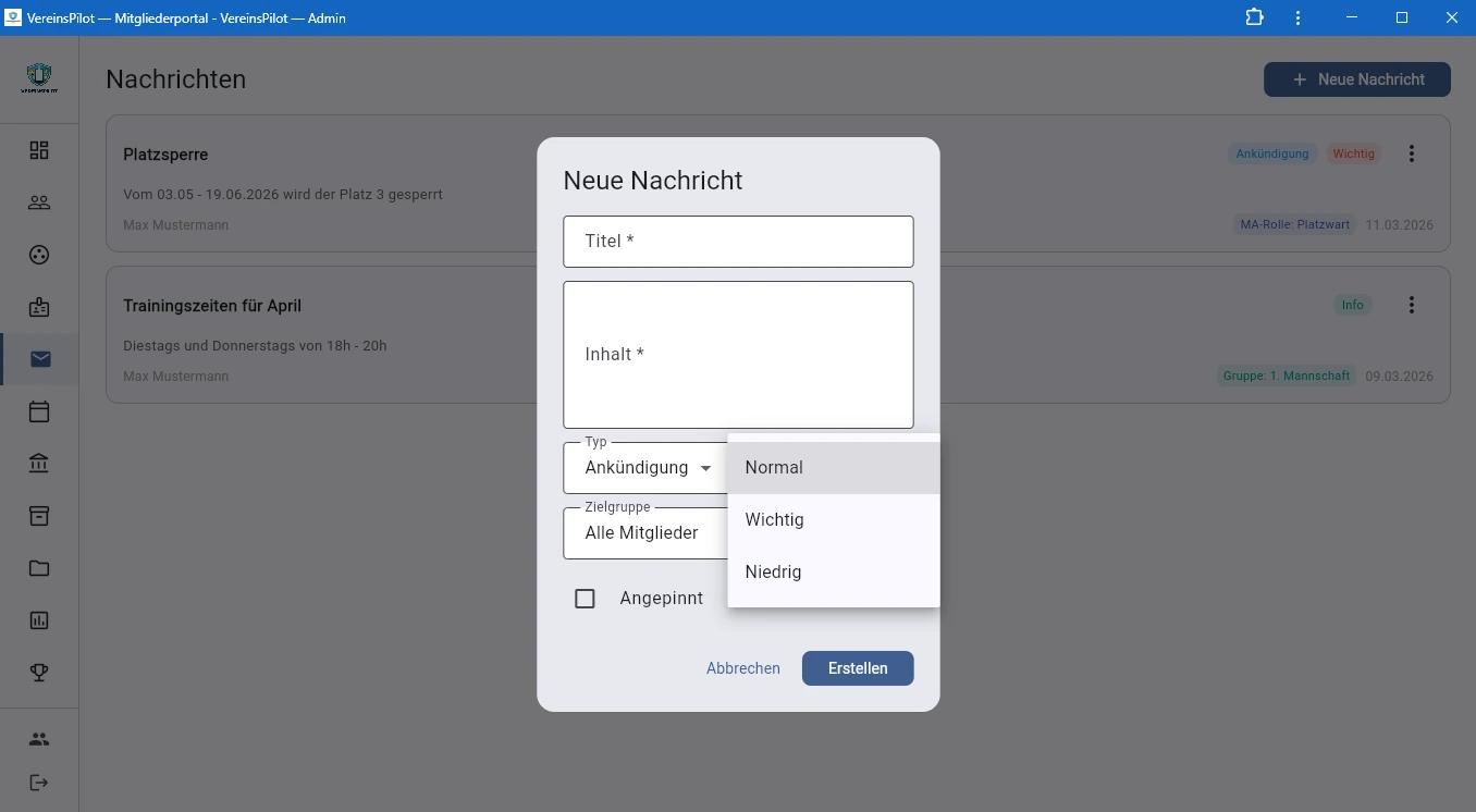 Priorit&auml;t-Dropdown mit Normal, Hoch und Niedrig