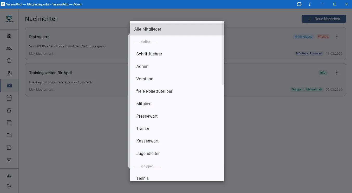 Zielgruppen-Dropdown mit Rollen und Gruppen