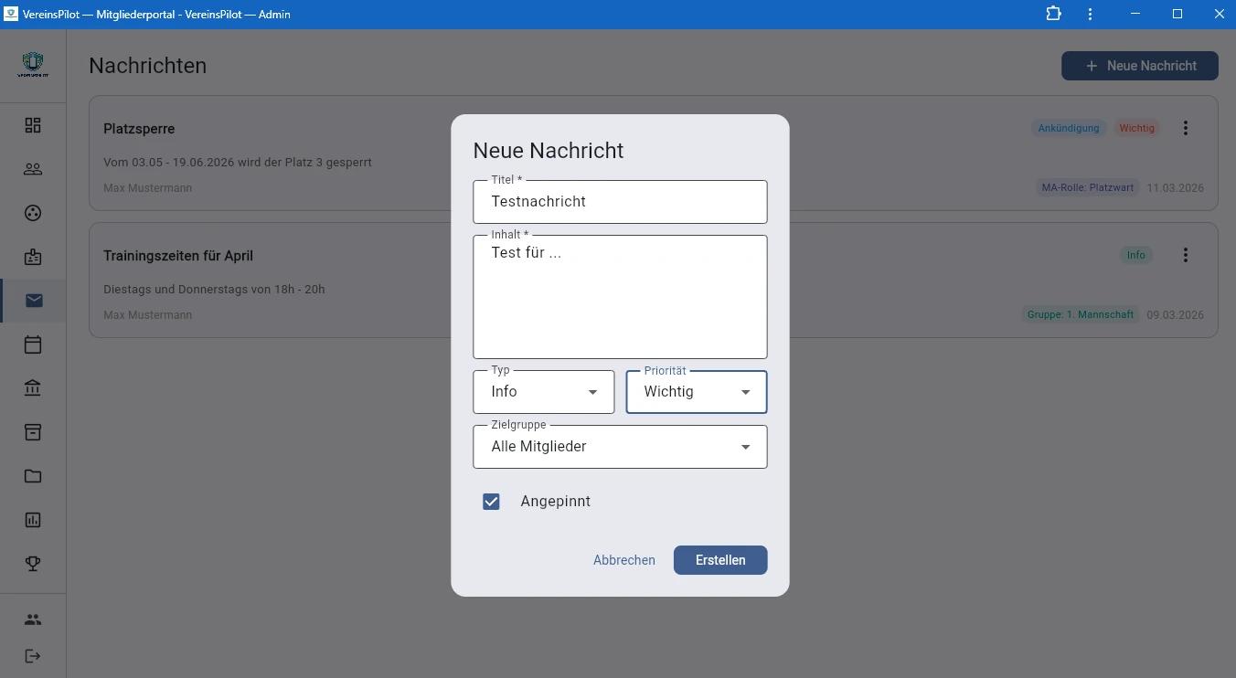 Ausgef&uuml;lltes Formular f&uuml;r eine Testnachricht