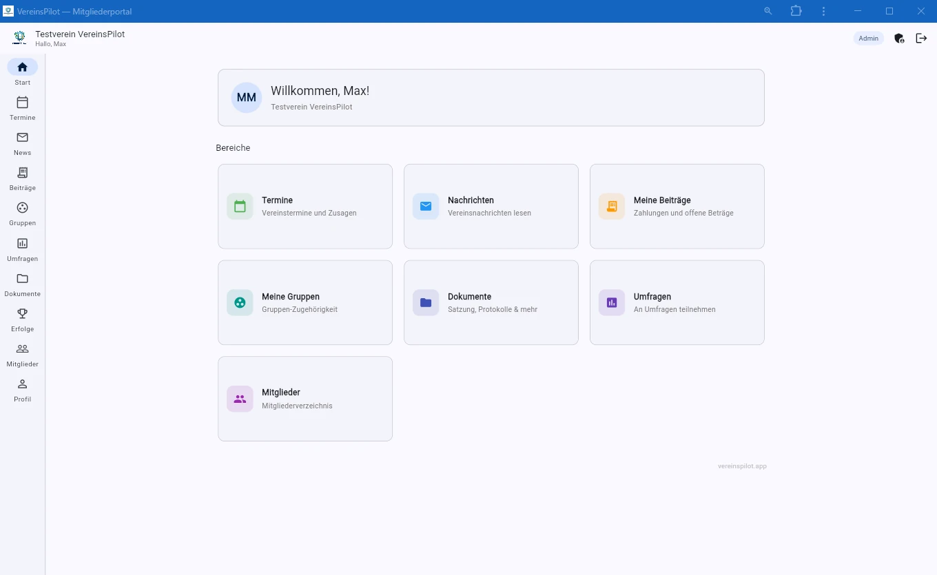 Startseite des Mitglieder-Portals mit Willkommenskarte und Feature-Grid