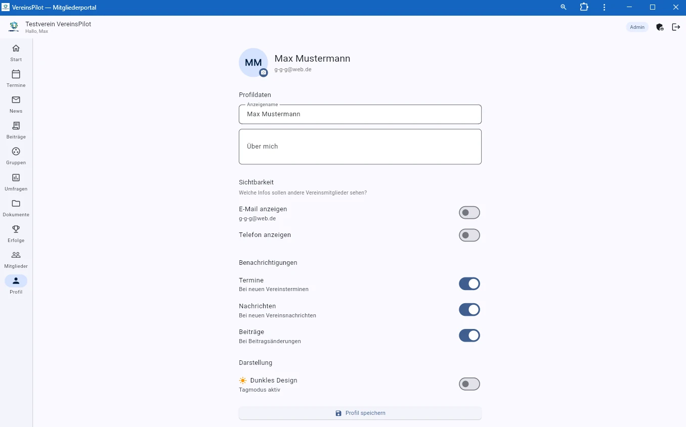 Profilseite mit Daten, Sichtbarkeit und Benachrichtigungen