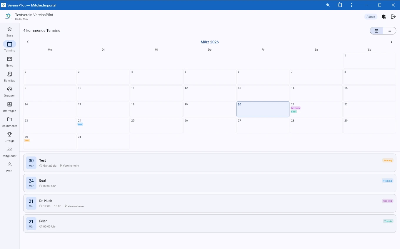 Kalenderansicht des Terminbereichs im Mitglieder-Portal