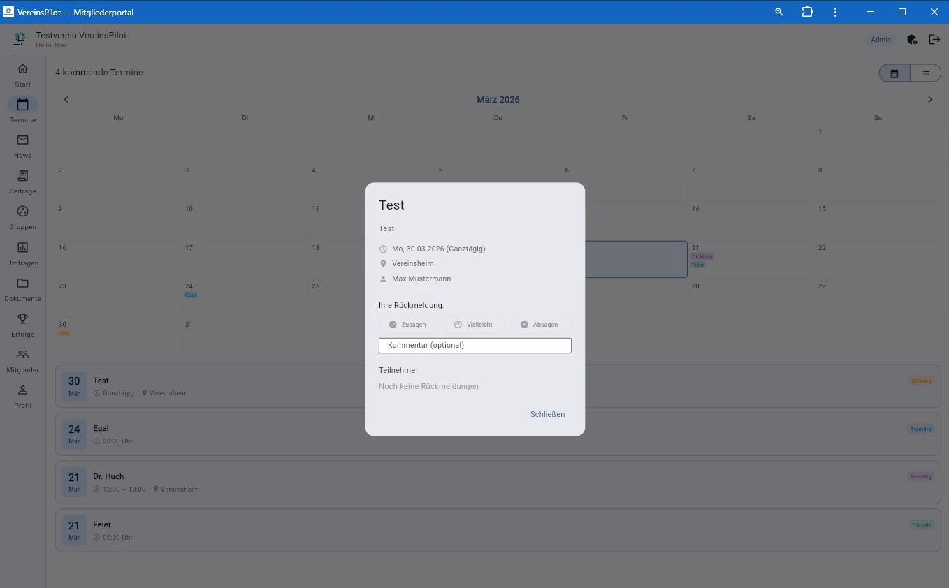 Termindetails mit RSVP und Teilnehmerliste