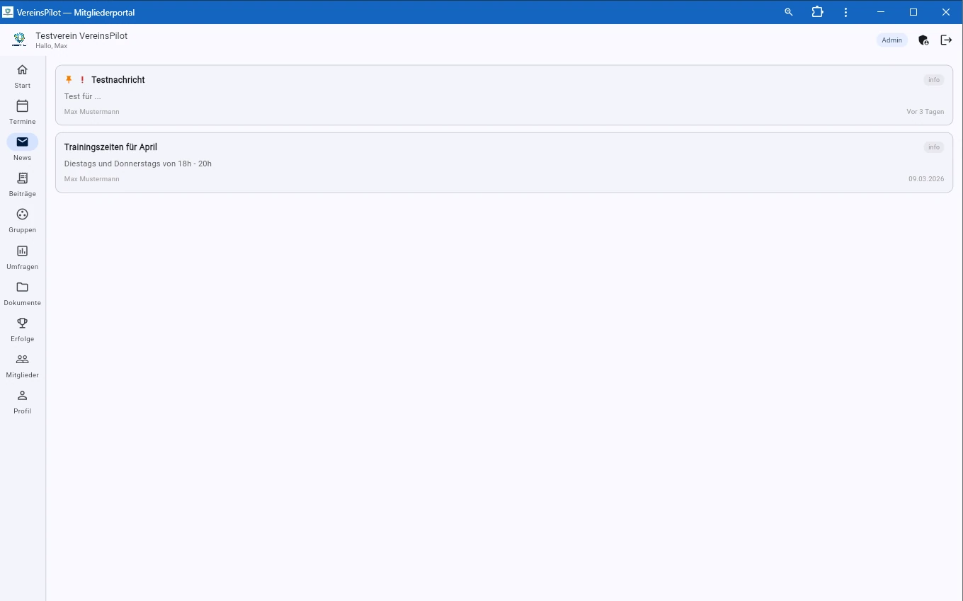 Nachrichtenbereich im Mitglieder-Portal