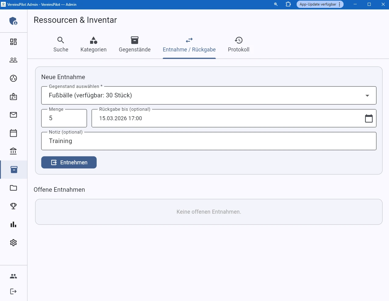 Entnahme-Dialog mit Gegenstand und Menge