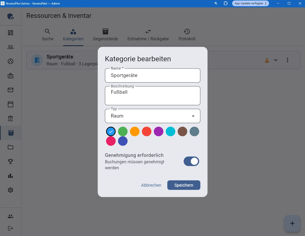 Kategorie bearbeiten mit Typ und Farbe