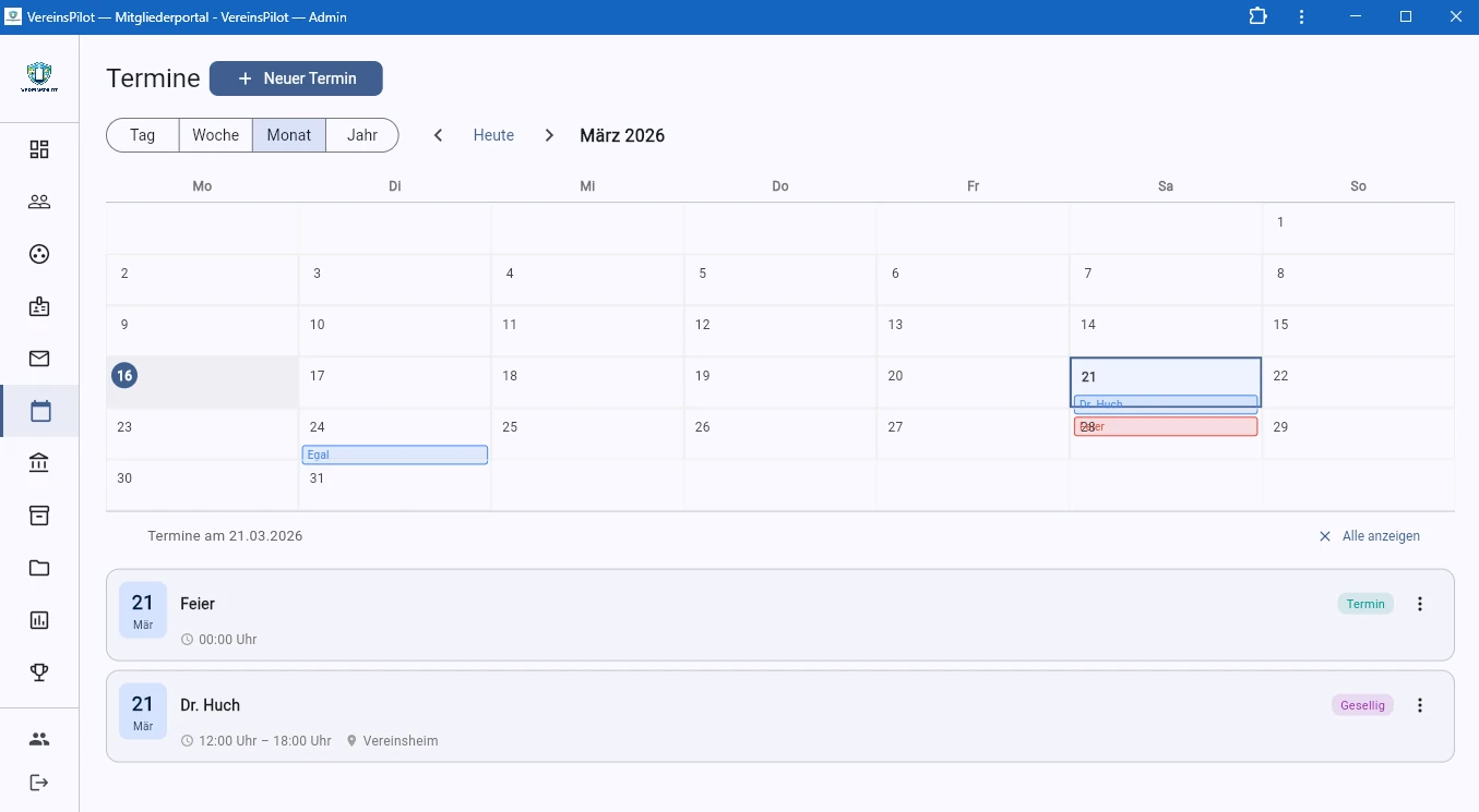 Monatsansicht mit farbigen Terminbalken in den Tageszellen